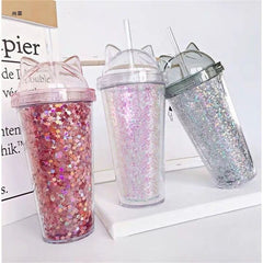 Sequined Cat Ear Plastic Cups BPA Free Water Bottle with Straw Flash Film Double-Layer Straw Cup Reusable Tumbler Cup Coffee Mug
