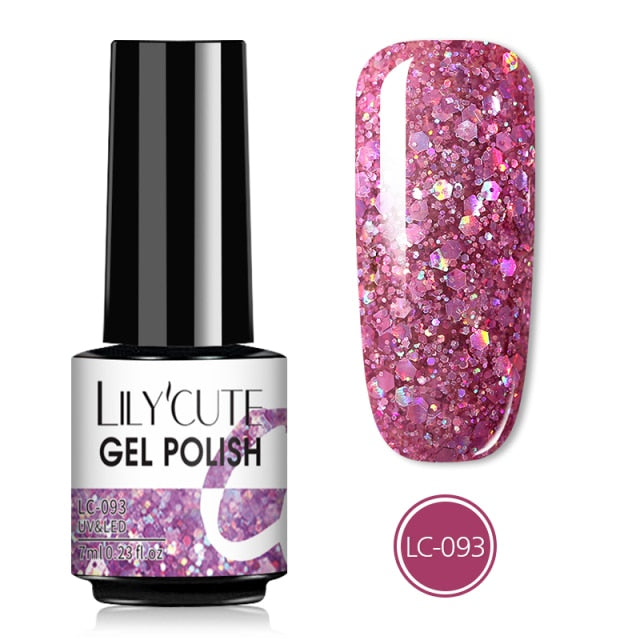 LILYCUTE 7ml Glitter Gel Nail Polish Semi Permanent Rose Gold Luminous Nail Art Varnish Base Top Coat Soak Off Nails UV Led Gel