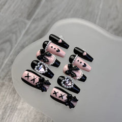 YICKYUE  -  10pcs Handmade Y2k black Press On Nails Pink Heart Design Reusable Fake Nails Artificial Manicure Wearable False Nails For Girls