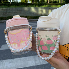 Yickyue 500ML Cute Flower Water Bottle For Girls With Pearl Chain Portable Transparent Glass Double Drinking Coffee Mug Milk Tea Cup