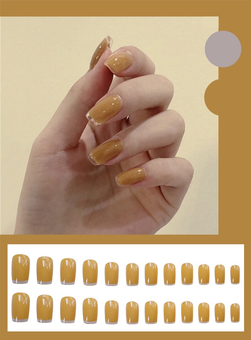24pcs Wine Red Yellow Round Short French False Nails Decoration New Fashion Plastic Fake Nail Tips Manicure Tools Cute Nail Art