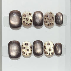 YICKYUE  -  10Pcs Caramel Cat Eye Wearable Round Head Short Fake Nails Hand Painted Planet Star Murad Style Full Over Press on Nail Tips Art