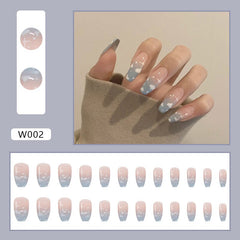 24Pcs Blue Sky White Clouds Designs False Nail Full Cover Fake Nails with Glue Detachable Wearable Manicure Nail Tips Decoration