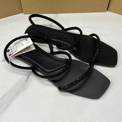 YICKYUE  -  Women's Flat Sandals Bling Crystal Diamond Strap Fashion Square Toe Summer Party Shoes Sexy Light Plus Size Sandalias Mujer