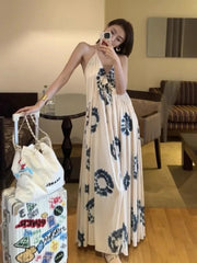 YICKYUE  -  French Niche Design Dresses V-neck Print Sexy Backless Holiday Dress Vestidos Loose Slimming Temperament Long Skirt