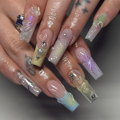 YICKYUE  -  French 3D Colorful Wearable Fake Nail Patch Halo Dyed Y2K Butterfly Square Head False Nails 2024 New Ballet Coffin Press on Nail