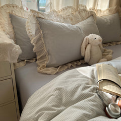YICKYUE  -  Korean Style Washed Cotton Checkered Bedding Set - Lace Trim