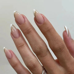 Yickyue  Gold Metal French Nude Pink Nail Art Glitter Powder Fashion Fake Nails Detachable Finished False Nails Press on Nails with Glue