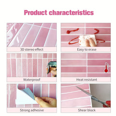 YICKYUE  -  20-Pack Self-Adhesive Pink Stone Pattern Tiles - Plaid PET Square Wall Hanging Decor, Waterproof Stain-Resistant Kitchen Decoration, Architecture Theme Indoor Wall Art, 10x10 Inch
