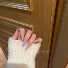 Yickyue Bow Ice Translucent Sense Handmade Wearable Fake Nail Gradient AB Asymmetric Almond false Nails Trim Nail Shape Nail Decoration