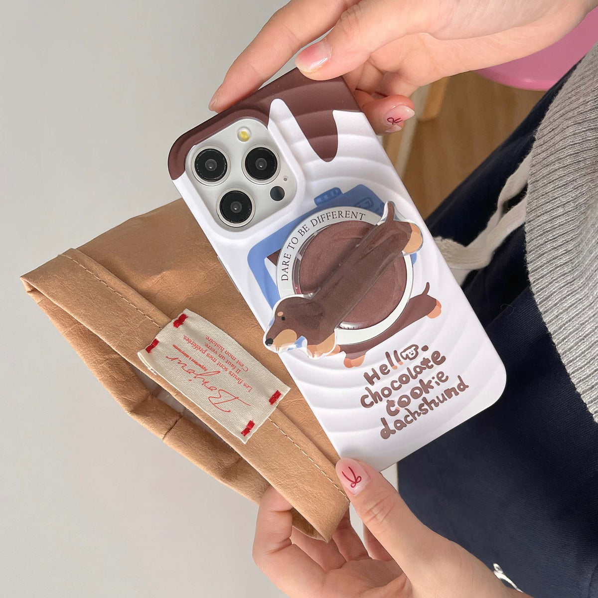 YICKYUE  -  Cute Chocolate Dachhund Stand Holder Fundas For Iphone 13ProMax 14 15promax 13 15 Pro Max 12 14ProMax Magnetic Circle Phone Case