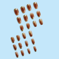 Yickyue 24pcs/Box New False Nails Amber Gold Foil Coffee Short Simple Fake Nails Set Press On Acrylic Nails With Press Glue Detachab