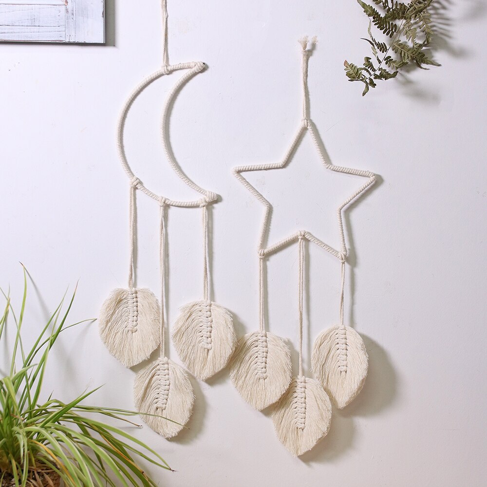 Tassel Moon Star Dream Catcher with Long Macrame Leaf Handmade Bohemian Home Decor  Decoration Art Gift for Girls Kids Bedroom