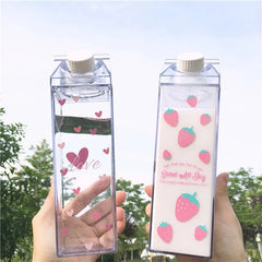 500ML Creative Cute Plastic Clear Milk Carton Water Bottle Fashion Strawberry Transparent Milk Box Juice Water Cup for Girls