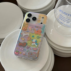 Cute Animal Green Grid Pattern Cartoon Laser Glitter Phone Case for iPhone 13 14 16 15 17 Pro 17ProMax Shockproof Clear Cover
