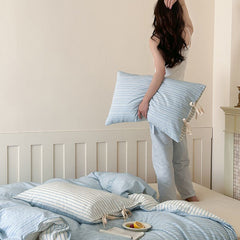 YICKYUE  -  INS Korean Minimalist Stripe Cotton Bedding Set – Nordic Style with Bow Tie Detail | 4 Pieces