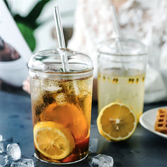 Nordic Creative Transparent Glass Coffee Mug Heat Resistant Tea Milk Water Cup with Cover and Straw Office Teacup Dinkware