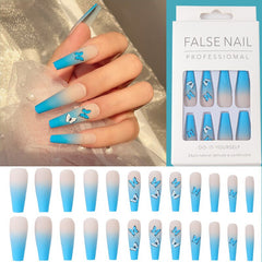 24pcs Blue Butterfly Scrub Matte Long Ballet Finished Nail Art Removable Press On Fake Nails Long T Wearing Reusable False Nails