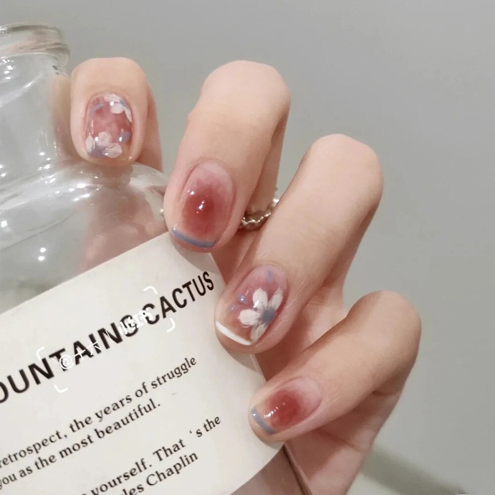 24pcs Artificial False Nails Tulip Flower With Pearls Charm Design Ballet Coffin Fake Nails Wearable DecalLong Manicure Art Tips