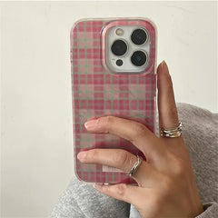 YICKYUE  For iPhone 16 15 14 13 12 11 Pro Max 7 8 Plus X XS Cute Dopamine Color Block Match Plaid Clear Phone Case Pink Tartan Soft Cover