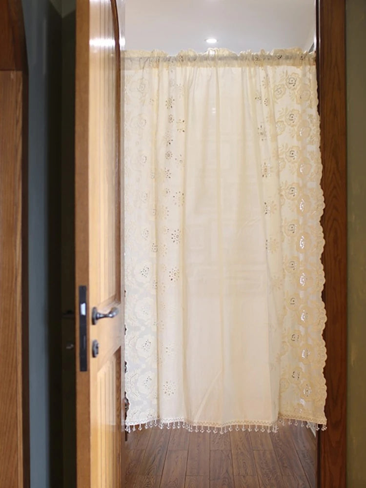 YICKYUE  -  American Style Pastoral Beige Color Cotton Door Curtain Hollow Out Embroidery Floral Pattern wrinked Cloth Curtain with Beads