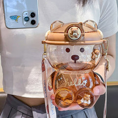 1000 ML Kawaii Bear Kids Straw Water Bottle For Girls Portable Strap Large Plastic Bottles BPA Free School Drinking Water Cup