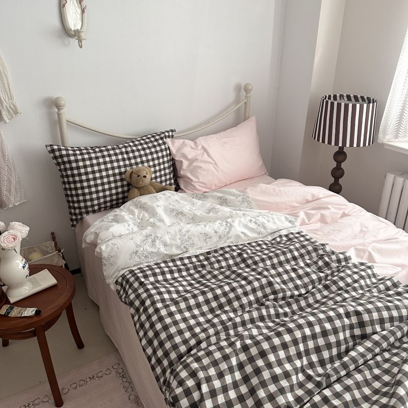 YICKYUE  -  Korean Vintage Cotton 4pc Bedding Set - Gingham & Floral Print