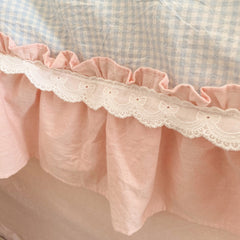 YICKYUE  -  Blue Pink Lattice Bedding Set, Korean Princess Ruffles Bow Bed Covers, 100% Washed Cotton Quilt Cover, Bed Sheet, Pillowcases