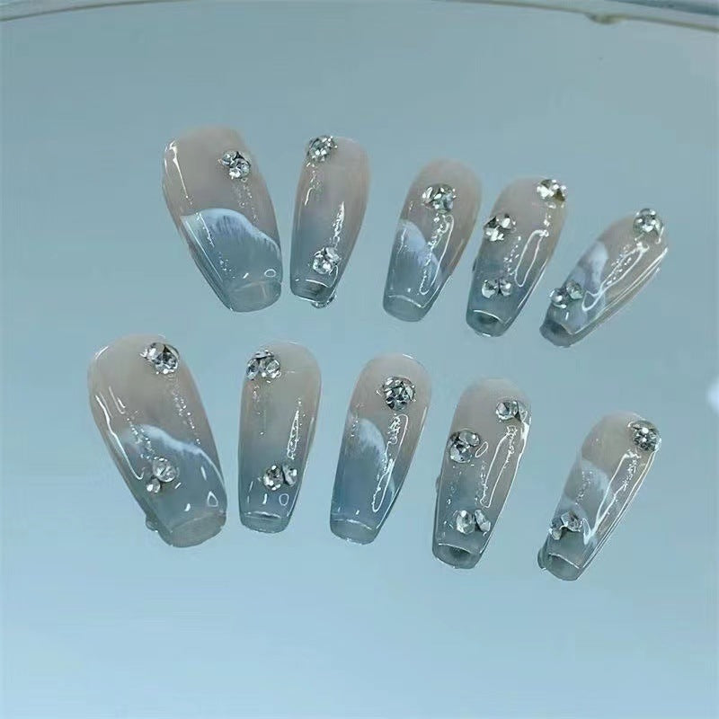 YICKYUE  -  10 pcs Luxury Handmade Press on Nails Middle Trapezoid Dark Blue Gradient Ocean With Rhinestones Design Art Nail Tips
