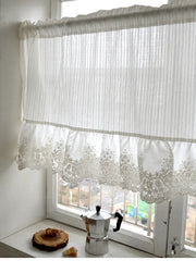 YICKYUE  -  Romance Retro Lace Light Luxury Short Curtain Striped Embroidery White Cotton Flounced Window Curtain Small Window Wedding Decor