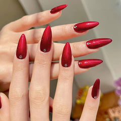 YICKYUE   -  24pcs/box burgundy cat eye fake nails nail art patches wearable nails press-on nails ins suitable for women girls students pregn