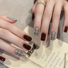 YICKYUE  -  Handmade Press On Nails Autumn Dark Brown Fake Nails Short Coffin Haze Blue False Nails Contrast Color Check Pattern Finished