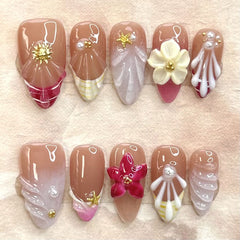 YICKYUE  -  10pcs Handmade Press on Nails Sweet Aurora 3D Mermaid False Nail with Pearl Flowers Decor Wearable French Almond Fake Nail Tips