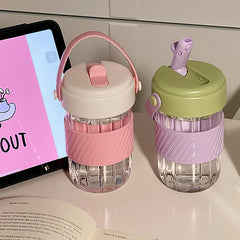 YICKYUE  -  Kawaii Water Bottle BPA Free For Girls Pink Plastic Cup With Straw Handle Travel Coffee Juice 420ml Drink Bottle Women Tumbler