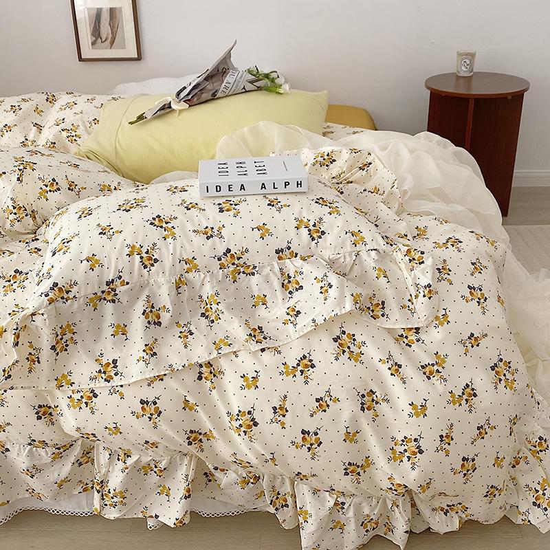 Yickyue 100% Cotton Vintage Rose Flowers Ruffled Duvet Cover Set for Girls Twin Queen 3/4pcs Machine Washable Breathable Bedding set