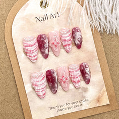 YICKYUE   -  10pcs Handmade Press on Nails Ins 3D Flower Shell Design False Nail Full Cover Wearable Pink Cat Eye French Almond Fake Nails