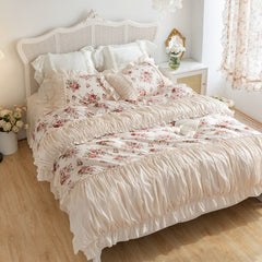 Top Romantic Bedding set 100% cotton rose print linen set Princess bedding set queen Duvet cover lace design bedroom set sheet