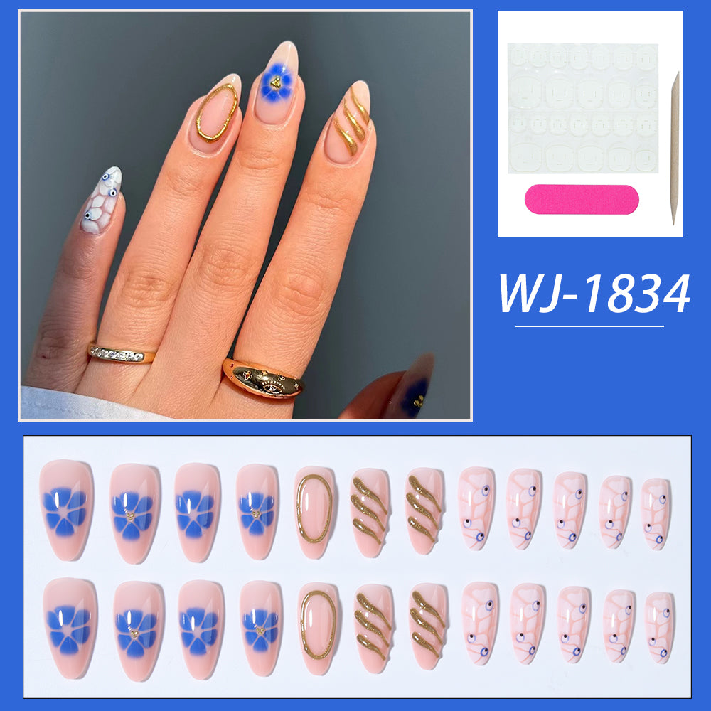 YICKYUE   -  Flower Press on Nails Medium Almond Fake Nails Colorful Flower Blue Borders Designs Acrylic Artificial French Tip Press on Nails