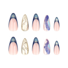 YICKYUE  -  24pcs Y2k Gradient French False Nails Long Almond Nails Press On Nails Round Wearable 3D Gold Embossed Decor Fake Nail Finished