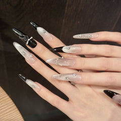 YICKYUE  -  10pcs Handmade Press on Nails Sweet Pink Cat Eye False Nails Wearable Full Cover Black French Bow Design Almond False Nail Tips