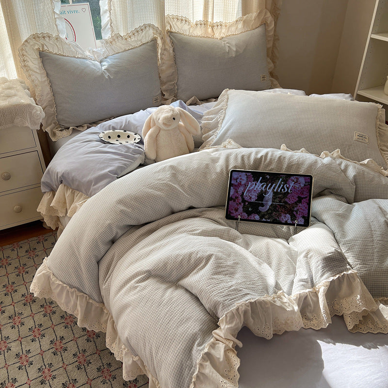 YICKYUE  -  Korean Style Washed Cotton Checkered Bedding Set - Lace Trim