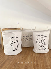Korea Cartoon Cute Storage Bucket Fabric Finishing Basket Cotton and Linen Waterproof Bedroom Home Bear Dirty Clothes Hamper