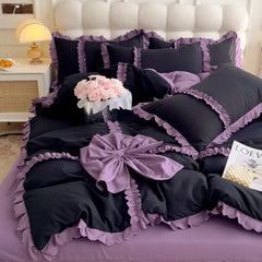 YICKYUE  -  Korean Princess Style Lace Ruffles With Bow Decoration Bedding Set Black/Purple Duvet Cover Set Bed Sheet Bed Skirt Pillowcases