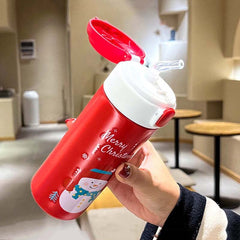 Yickyue New Cute Christmas Thermos Water Bottle With Straw For Kids Vacuum Insulation Drinking Bottles Thermo Cup Couple Christmas Gift