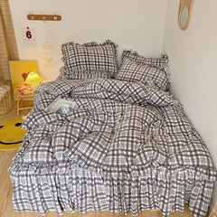 Yickyue Gray plaid Bedding set milk cashmere bed set Queen King Size 4Pcs(1 Duvet Cover 1Bed skirt Pillow Shams)
