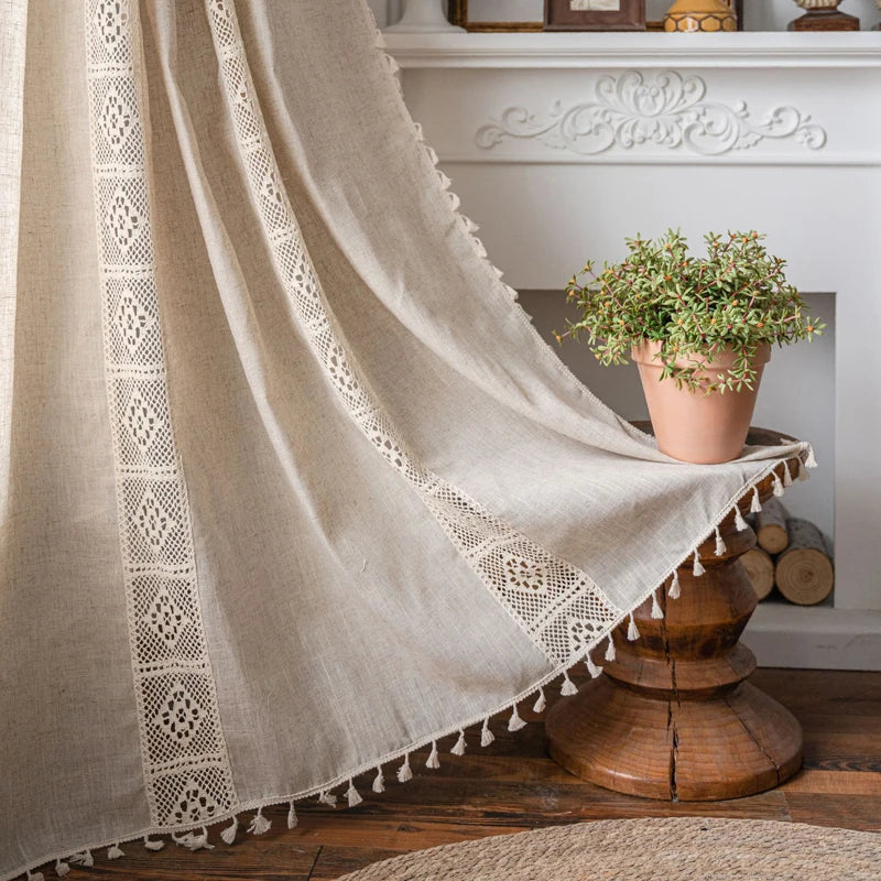 Boho Curtains Semi-Blackout Crochet Patchwork Floral Print Cotton Linen with Tassels Rod Pocket Window Drapes for Living Bedroom