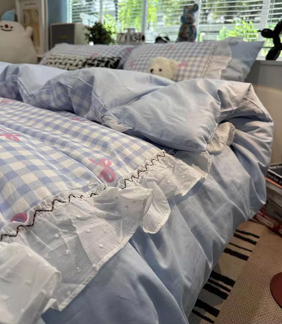 YICKYUE  -  Sweet fairyfair pink blue plaid bow bedding set 1.5 1.8,full queen elegant cotton home textile bed sheet pillow case quilt cover