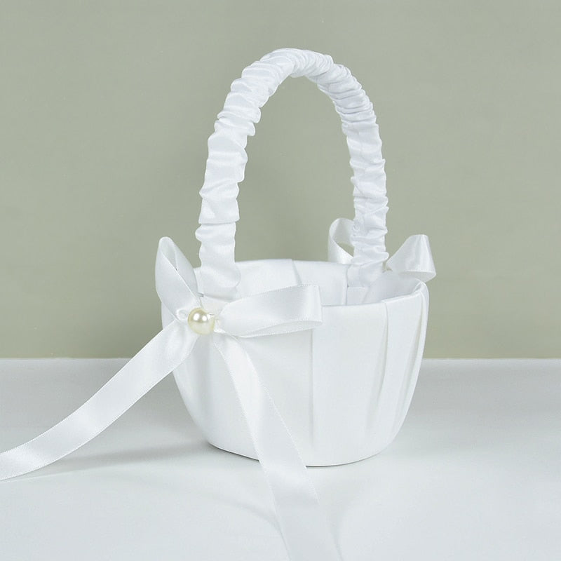 Wedding Favor White Flower Basket Bridesmaid Girl Portable Handle Baskets With Bow Lace Ribbon Romantic Weding Party Decoration