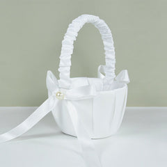 Wedding Favor White Flower Basket Bridesmaid Girl Portable Handle Baskets With Bow Lace Ribbon Romantic Weding Party Decoration