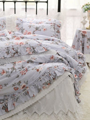 Yickyue New French Countryside Garden Flowers and Birds bedding set Cotton ruffle lace duvet cover bed sheet set Bedding Sets for queen